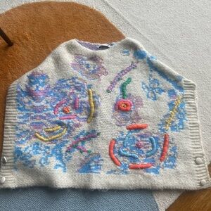 Zara Cream and Blue Knit Shrug/Poncho with Vibrant Embroidery